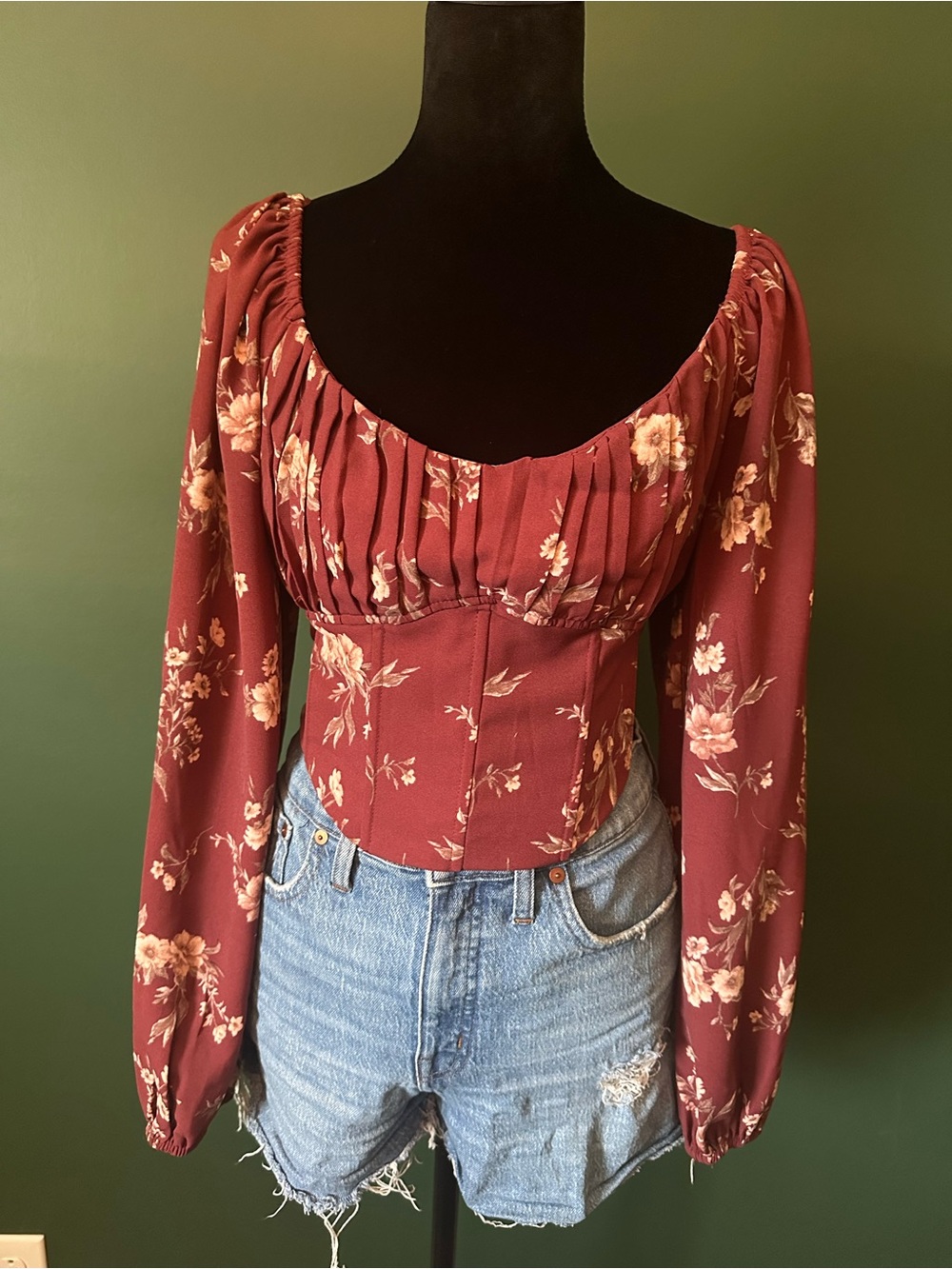 Blu Pepper Burgundy Floral Long Sleeve Crop Top